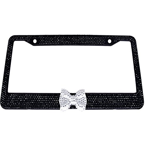 Bling Bling License Plate Frames -2 PACK-8 Row Pure Handmade Waterproof Glitter Rhinestones Crystal License Frames plate for Cars with 2 Holes with Screws Caps Set (Black & White Bowtie)