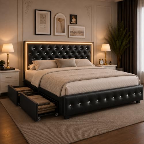Queen Bed Frame with 4 Storage Drawers, LED Bed Frame with Remote Control Rhythm Sync Light, Adjustable Diamond Tufted Headboard, No Box Spring Needed, PU Black