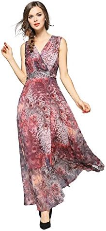 EvelynNY Womens Floral Peacock Evening Casual Split Loose Prom Party Maxi Dress, Red, L
