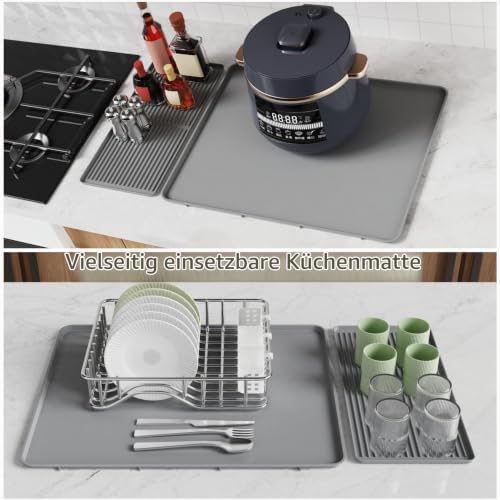 Silikon Coffee Bar Matte – 2-in-1 Anti-Rutsch Trockenmatte & hitzebeständige Arbeitsplatten-Schutzmatte für Kaffeemaschinen, Spülgestelle, Mixer (Grau-50 * 40cm)