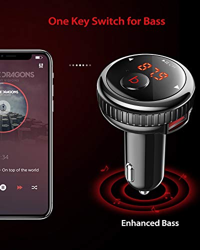 [Enhanced Bass] TECBOSS Bluetooth FM Transmitter for Car, FM Transmitter Bluetooth v5.0, Support Hands-Free Calling, Play Music, 2-Port USB Car Charger, World First One Key Switch Bass Technology - Thumbnail 2