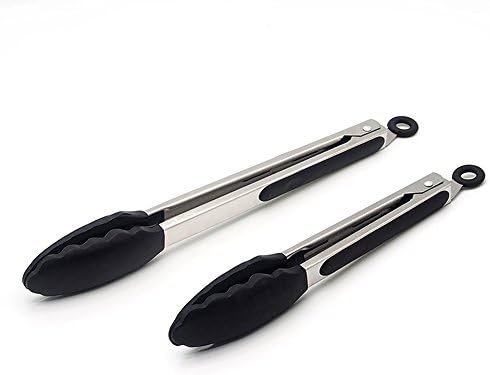 Attac Kitchen Premium Silicone Tongs 2 Pack (9 inch + 12 inch), Smart Locking Clip, Stainless Steel Food Tongs for Cooking, Serving, Barbecue, Buffet, Salad, Ice, Oven (Black)