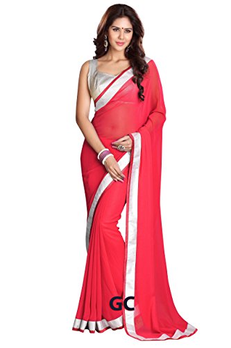 Chiffon Bollywood BellyDance Indian Saree Sari - Silver Border Deep Pink