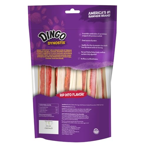 DINGO DYNOSTIX PREMIUM RAWHIDE TREATS MADE WITH REAL CHICKEN, NO FILLERS OR ARTIFICIAL BINDERS, AMERICA’S #1 RAWHIDE BRAND 10-COUNT