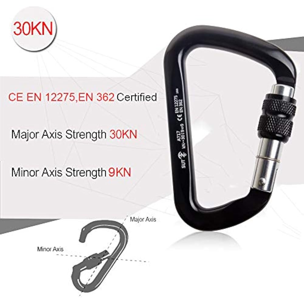30KN Locking Climbing Carabiner, Pack DShaped Screwgate Carabiners