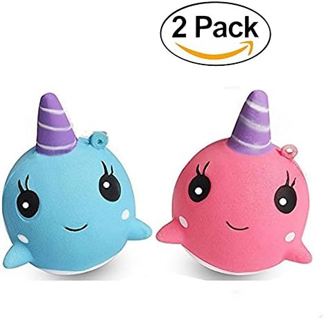 Squishy Slow Rising Squeeze Whale Bioamy 2 Pack Soft Cartoon Jumbo Squishies Decompression Toys 9CM Phone Straps Ballchains FiSaingace Fidget Toys(pink and blue)