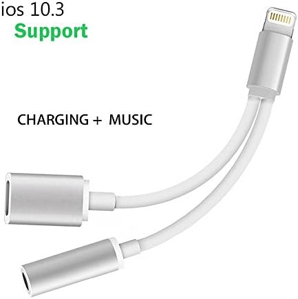 iPhone 7 Adapter, iPhone 7 Splitter, Compatible IOS 10.3 or Later, Jackiey Dual Lightning Headphone Audio &amp; Charge Adapter for iPhone 7 / 7 Plus (Silver)