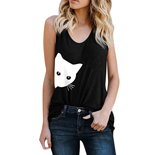 FarJing Women Cat Print Vest Sleeveless Loose Crop Tops Tank Tops Blouse Tops T-Shirt(XXL,Black