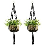Ropesart 2 Pcs Macrame Plant Hanger Black Knotted Hand-Woven Black Morden Style Hemp Black Plant Hanger with Key Ring