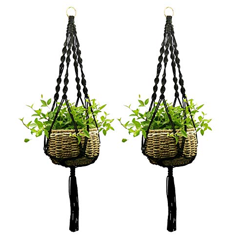 Ropesart 2 Pcs Macrame Plant Hanger Black Knotted Hand-Woven Black Morden Style Hemp Black Plant Hanger with Key Ring