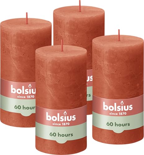 Bolsius Rustik Stumpenkerzen - Orange - Set 4 Stück - 13 x 7 cm - Länge Brenndauer 60 Stunden - Unparfümierte - Natürliches Pflanzenwachs - Ohne Palmöl