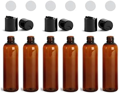 Amber Plastic Bottles with Caps 2 Oz PET Cylinder Empty Squeeze Refillable with Black Smooth Disc Caps Tops Lids Hand Press Flip Closure