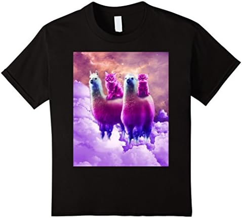 Kids Kitty Cat Riding On Rainbow Llama In Space T-Shirt 8 Black