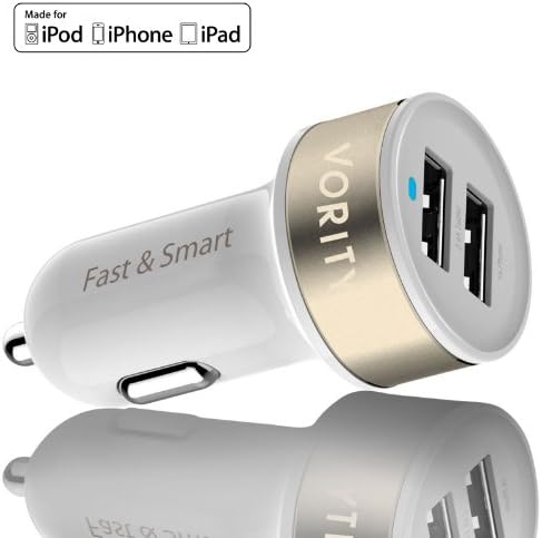 3.4Amps/17W Dual USB Car Charger [White/Gold] 2.4A/12Watts+1.0A/5Watts Universal Ports, Smart Power Supply For Apple iPad Air/4/3/2, iPhone 6/5S/5C/5/4S/4/3GS, iPod, Samsung Galaxy Tab 3/2, Note 3/2, S 4/3/2, Motorola Droid Rarz Maxx, Nokia, HTC, Android Tablets, PSP, GPS, MP3/MP4, Cameras, Bluetooth Speakers/Headset, Battery Cases, Power Banks & Most of USB2.0/USB3.0 Powered Devices. Portable Cigarette Lighter Adaptor, Double Mobile Travel Charging Station 12V Input - 5V Output.MFI Approved - Vority Fast & Smart DUO34CC, 2 Years Warranty!