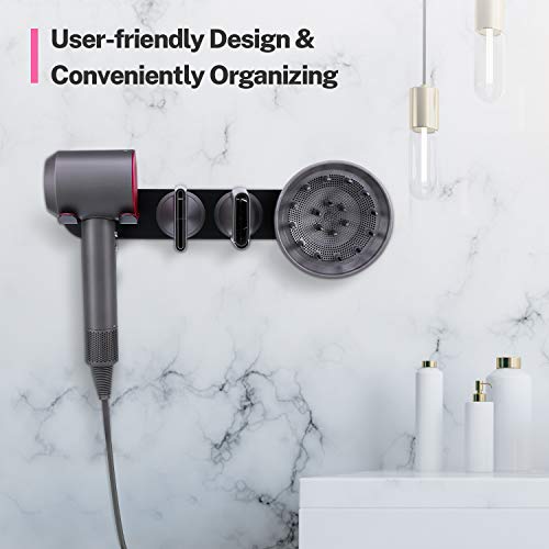 Oak Leaf 4-in-1 Hair Dryer Holder for Dyson, Wall Mount Metal Magnetic Blow Dryer Holder with Fuchsia Anti-Scratch Rubber Protection for Bathroom, Black