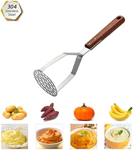 Stainless Steel Potato Masher, Heavy Duty Potato Press Baby Food Masher with Non Slip Wooden Handle for Smooth Mashed Potatoes, Jam, Vegetables and Fruits(Dishwasher Safe)