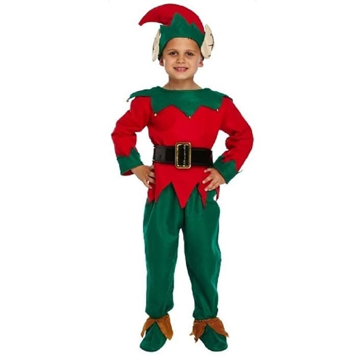 Kids Elf Costume Boys & Girls Christmas Fancy Dress Outfits, Children Xmas Cheeky Elves Dress Up Red Top, Green Trouser, Elf Hat With Attached Ears, Belt And Boots - (4 to 6 Years)