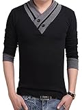 L’asher Men Summer Fashion Button V Neck Slim Muscle Tops Tee T Shirt Tshirt (US XS/Asia Tag M, Black(Long sleeve))