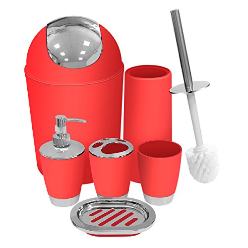 Red Bathroom Accessories Set 6 Pieces Plastic Bathroom Accessories Toothbrush Holder, Rinse Cup, Soap Dish, Hand Sanitizer Bottle, Waste Bin, Toilet Brush with Holder