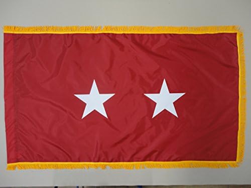 U.S. Army 2-Star Major General Indoor Outdoor Appliqued Nylon Flag Lined Pole Hem and 2" Yellow Gold Fringe 3' X 5'