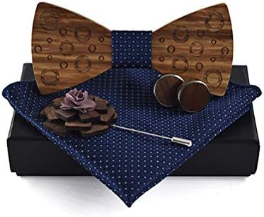 Men Wooden Classic Bow Tie Set Bow Tie Kerchief Brooch and Cufflink Design Set