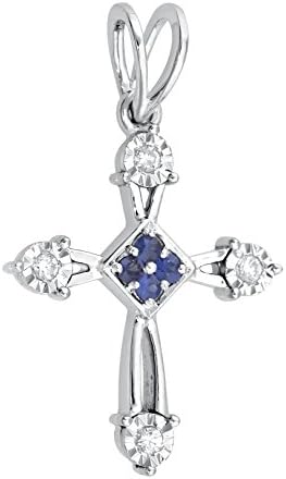 Christmas Gift, Necklace, Almighty Cross, Jewel Ivy 14K Gold Cross Pendant With 0.07 Carat Diamond and 0.06 Carat Sapphire and Chain