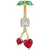 Niaspi Cute 316L Surgical Steel CZ Cherry Dangle Belly Button Ring 14G Crystal Cherry Belly Navel Rings Navel Curved Barbell Dangling Body Piercing Jewelry 3/8 Inch