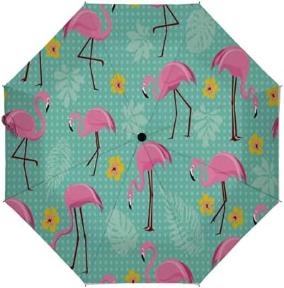 Compact Umbrella Exotic Pink Flamingos Tropical Palm Leaves Turquoise Auto Open Close Travel Sun Golf Folding Umbrellas Windproof Lightweight For Women Men Kids Girls Parasol Black Anti-Uv Coating