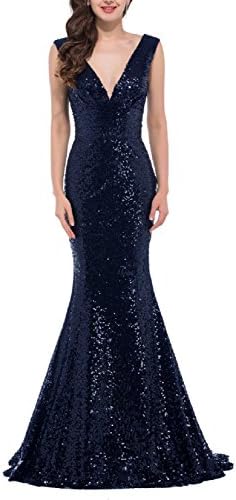 OYISHA Womens V-neck Sequin Mermaid Evening Dresses Sexy Wedding Formal Gowns MX-18SQ Navy Blue 8