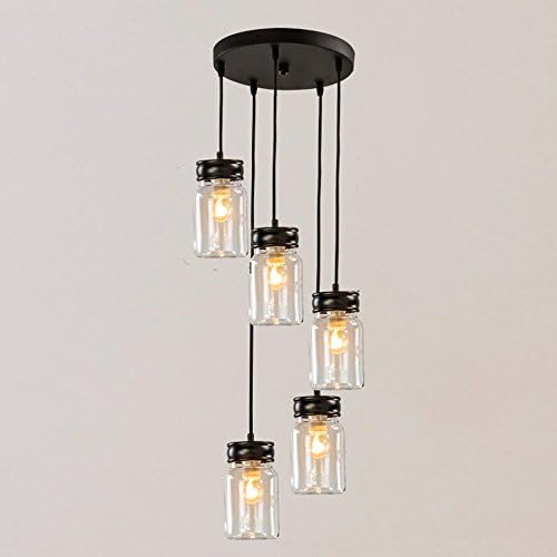 EFINEHOME Classic Mason Jar Lighting, 5 light Antique Black Iron/Clear Glass 5-light Canning Jar Pendant Chandelier Handmade