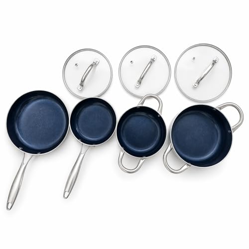 Conjunto de Panelas Antiaderente com Revestimento Cerâmico, Cabo Bifurcado Ergonômico, Fácil de Limpar, Inclui Caçarolas 2,2L e 1,7L, Panela 1,2L e Frigideira 900ml, 4 Peças