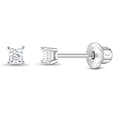 In Season Jewelry Princess Square Cut Kids Earrings - 925 Sterling Silver Hypoallergenic Earrings for Girls with Safety Screw Backs - Safe & Comfortable for Toddlers, Kids & Little Girls, 2mm-5mm