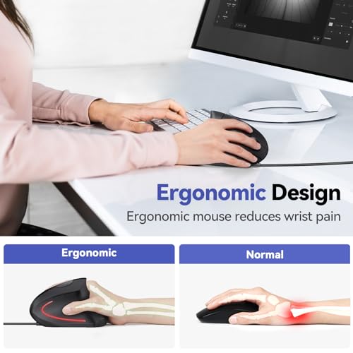 TECKNET Wired Ergonomic Mouse, 6400DPI Wired Vertical Mouse 6-Button Silent Mouse with 4 Adjustable Levels DPI, 1.5 m USB Cable Optical WiredMouse for Laptop, PC, Mac,Black