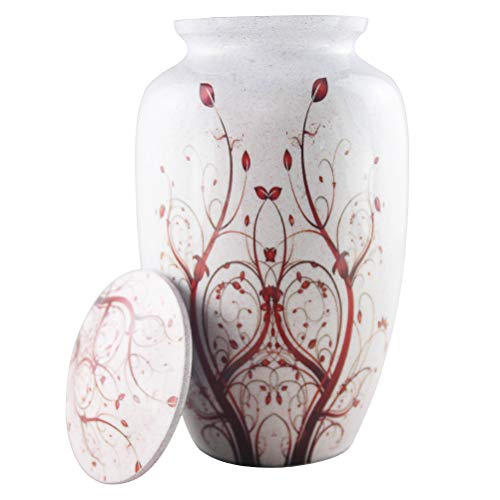 M MEILINXU Funeral Urns for Adults Ashes, Cremation Urn for Human Ashes - Memorials Urns for Ashes -Display Burial Urn at Home or in Niche at Columbarium (Red Flower of Life, Aluminum Large White Urn