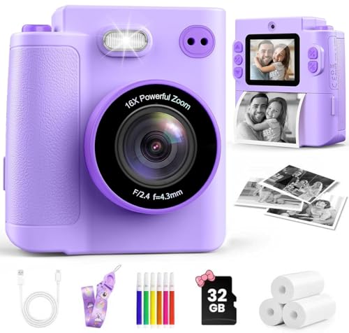 Kids Instant Print Camera - 1080P HD Toddler Digital Camera for 3 4 5 6 7 8 9 10 Year Old Girls Boys, Christmas Birthday Gift with 32GB SD Card, Selfie Mode, Portable Travel Toy, Fun Filters- Purple