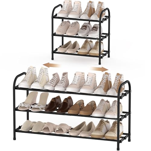 Anhow 3 Tier Shoe Rack, Space-Saving Expandable Metal Shoe Rack Open for 6-12 Pairs of Shoes for Entrance, Living Room, Hallway, Bedroom, Wardrobe (Black)