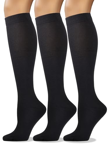 COTTON DAY Women's Soft Combed Cotton Knee High Long Calf Dress Socks Seamless Toe Black White Gray Navy Blue Brown