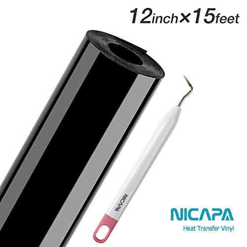 Nicapa HTV Vinyl Black Roll 12inch x 15feet Iron on Heat Transfer Vinyl Roll Bundle for Silhouette/Cricut/Brother/Siser Easy Weed Iron-on Heat Press T Shirts Garments Stencil Vinyl