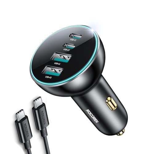 70W USB C Car Charger, Rocoren 4-Port for Family Travel, PD 35W Super Fast Charging for Multiple Devices, Cigarette Lighter USB Charger for iPhone, iPad, Samsung, Google Pixel 8 (Black with Cable)
