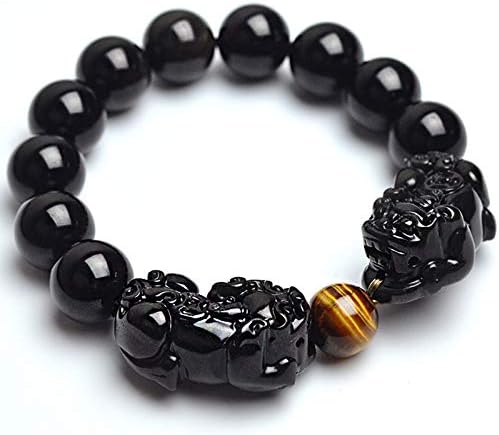 Natural Stone Black Obsidian Bracelet with Tiger Eye and Double Pixiu Lucky Brave Troops Charms Women and Men Jewelry (Black Beads 14mm)