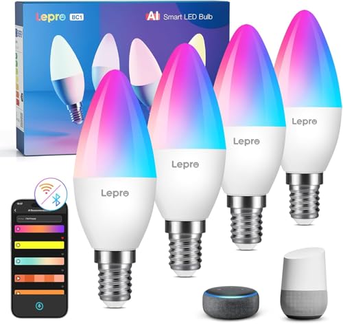 Lepro BC1 AI E14 LED Bulb, Alexa Smart Bulb, 4.9W RGB Dimmable Wi-Fi Bulbs Voice Control & Music Sync, Customized AI Lighting Designer Works with Google Home, 4Pcs