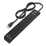 Power Strip RAVPower 6-Outlet Office Home Surge Protector with 2 iSmart USB Ports, ETL Listed Power Plug 880 Joule with 5 ft Long Power Cord and Bottom Wall Mounting Ports (Black)