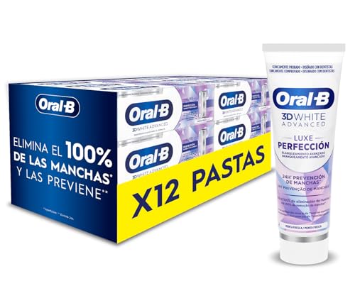Oral-B 3D White Advanced Luxe Perfection Pasta de Dientes Blanqueadora, Pack 12x75 ml - Blanqueamiento Avanzado, Eliminación de Manchas, Dentífrico con Flúor, Sabor a Hierbabuena Fresca