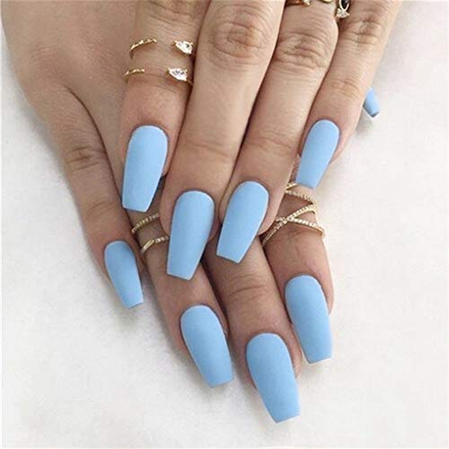 Yalice 24Pcs Matte False Nails Full Cover Long Coffin Fake Nails French Art Clip on Nail for Women and Girl (Blue)