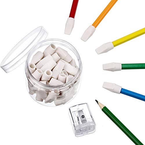 50 Pieces Pencil Top Erasers Cap Erasers and A Pencil Sharpener (White