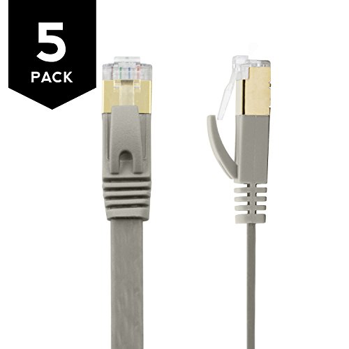 Buhbo 6 inch (0.5 ft) CAT7 Flat Ethernet Cable Shielded STP Network Snagless Cable RJ45 Cat 7 (5-Pack) Gray