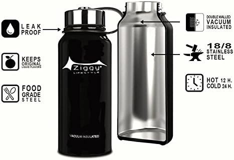 ZiggyBottle Wide Mouth Vacuum Insulated Stainless Steel Water Bottle With Leak Proof Cap and Built-in Filter | Best Double Walled Travel Coffee Mug for Outdoor Sports Camping,Keeps Drink Hot &amp; Cold