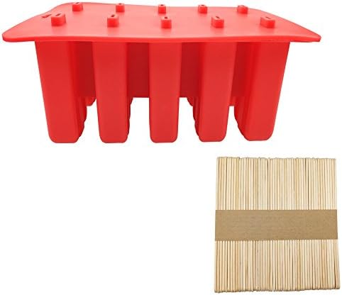 SkyCooool 10-Cavity Food Grade Silicone Ice Cream Lolly Pop Maker Red Molds BPA Free with Cover Lid and 50 Wooden Sticks for kids DIY Popsicle