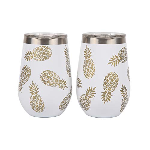 40 Of The Best Pineapple Gifts 2 Pack Pineapple Wine Glasses with lid, Steel Stemless Wine Glass Tumbler, ZDJACE 12 oz Double Wall Vacuum Insulated Wine Glasses without Handle for Champaign, Cocktail, Beer, Office (white)