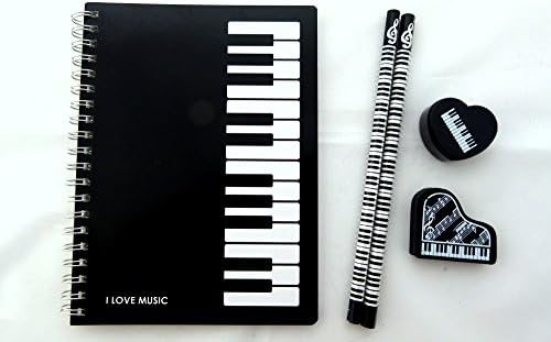 Music Themed Stationery - Black Keyboard Notebook, HB pencils, eraser and sharpener by FunMusicOnline